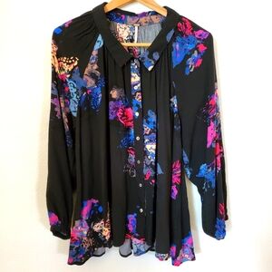 XS Black Floral Free People Oversized Button Blouse Shirt
